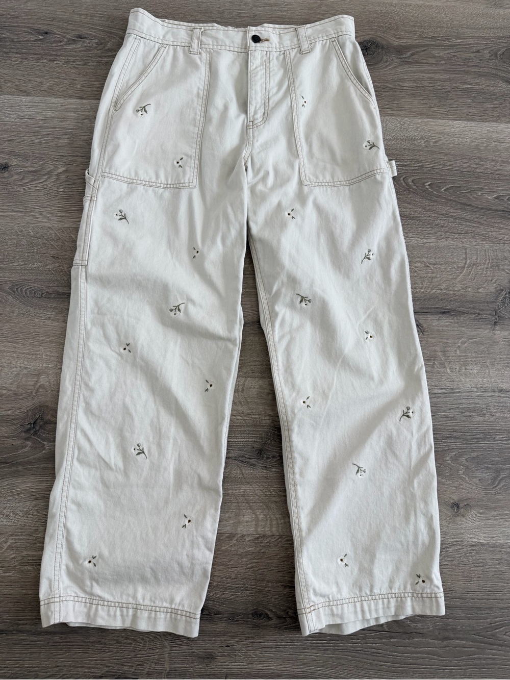 Old Navy Women’s 10 High Rise Straight Carpenter Pants Floral Embroidered Ivory